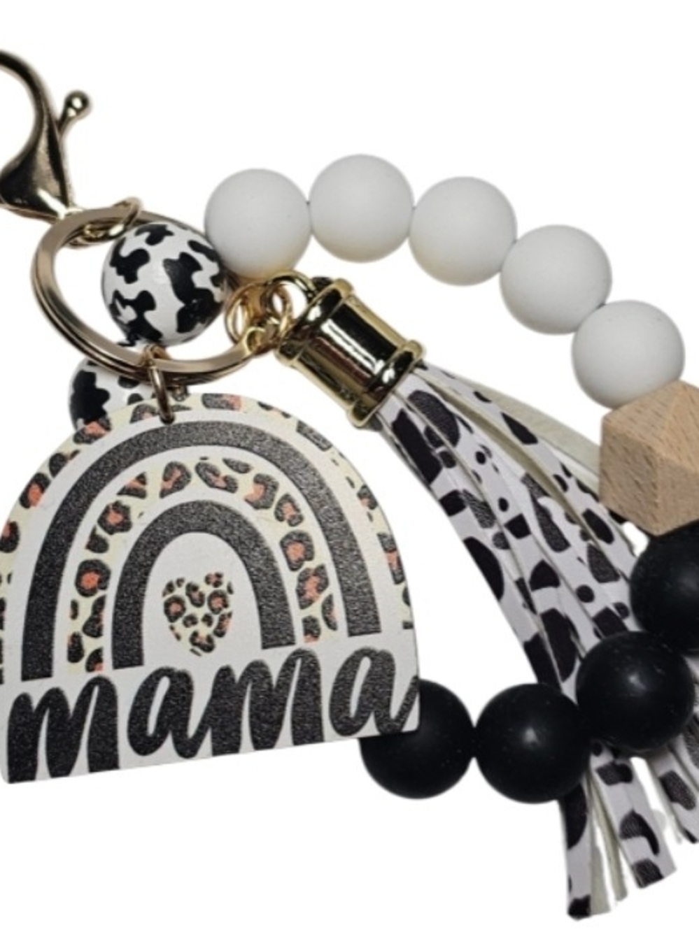 Mama Leopard Accent Beaded Keychain Bracelet - White & Black